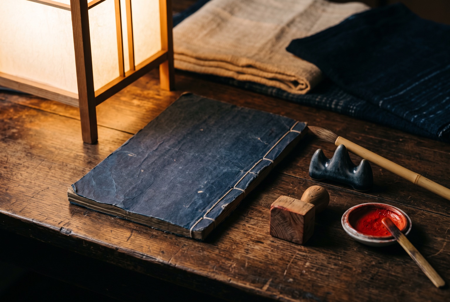 A merchant's account book bound in indigo paper, closed on a wooden desk beside a bamboo brush, a small square seal stamp and a dish of vermilion seal paste.