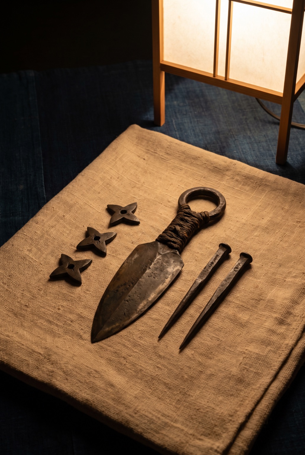 A ring-pommelled iron field tool laid on hemp cloth beside three four-pointed forged stars and two iron spikes.