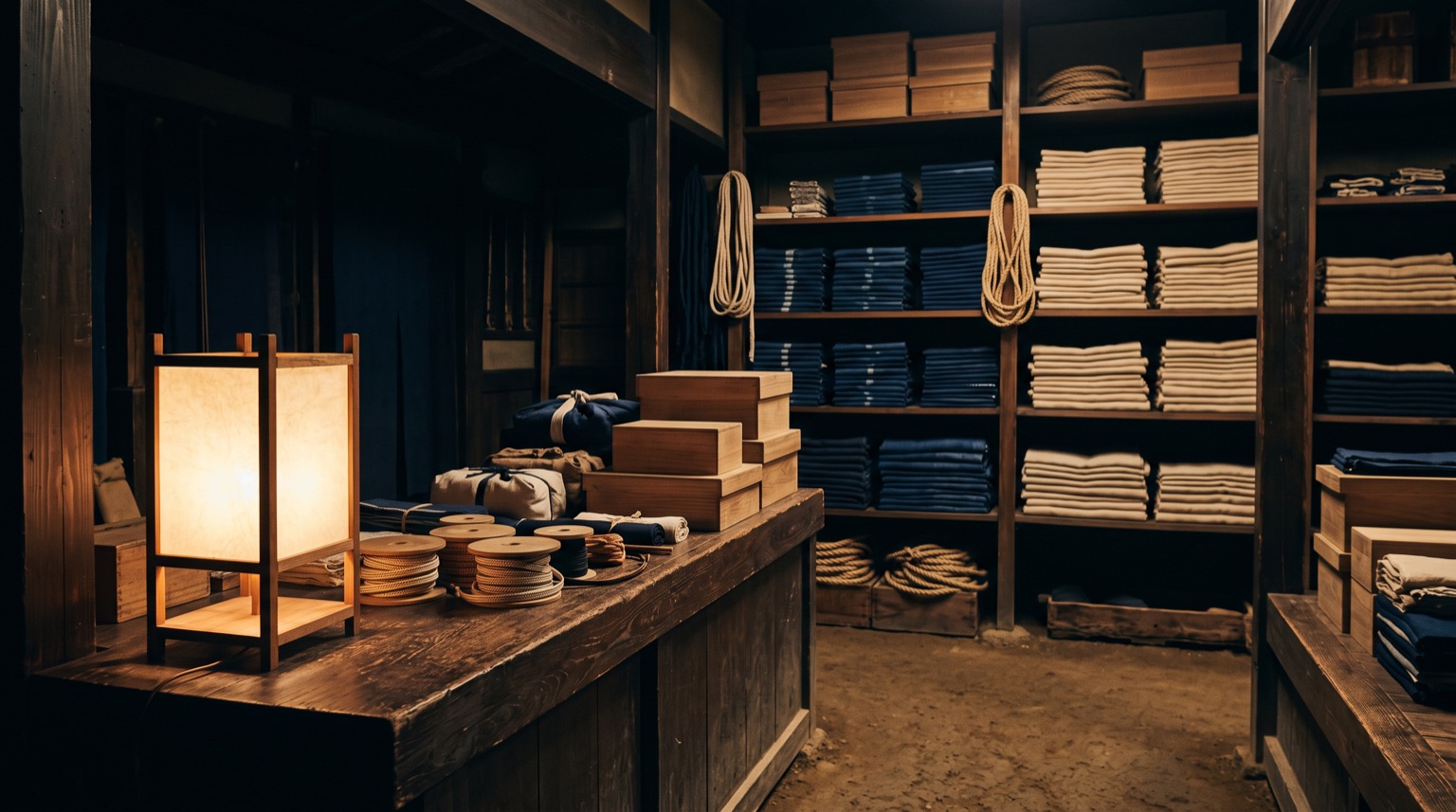 The front room of the shop at night: shelves of folded indigo and hemp cloth, coils of cord, paulownia boxes, and a single paper lantern on the counter.