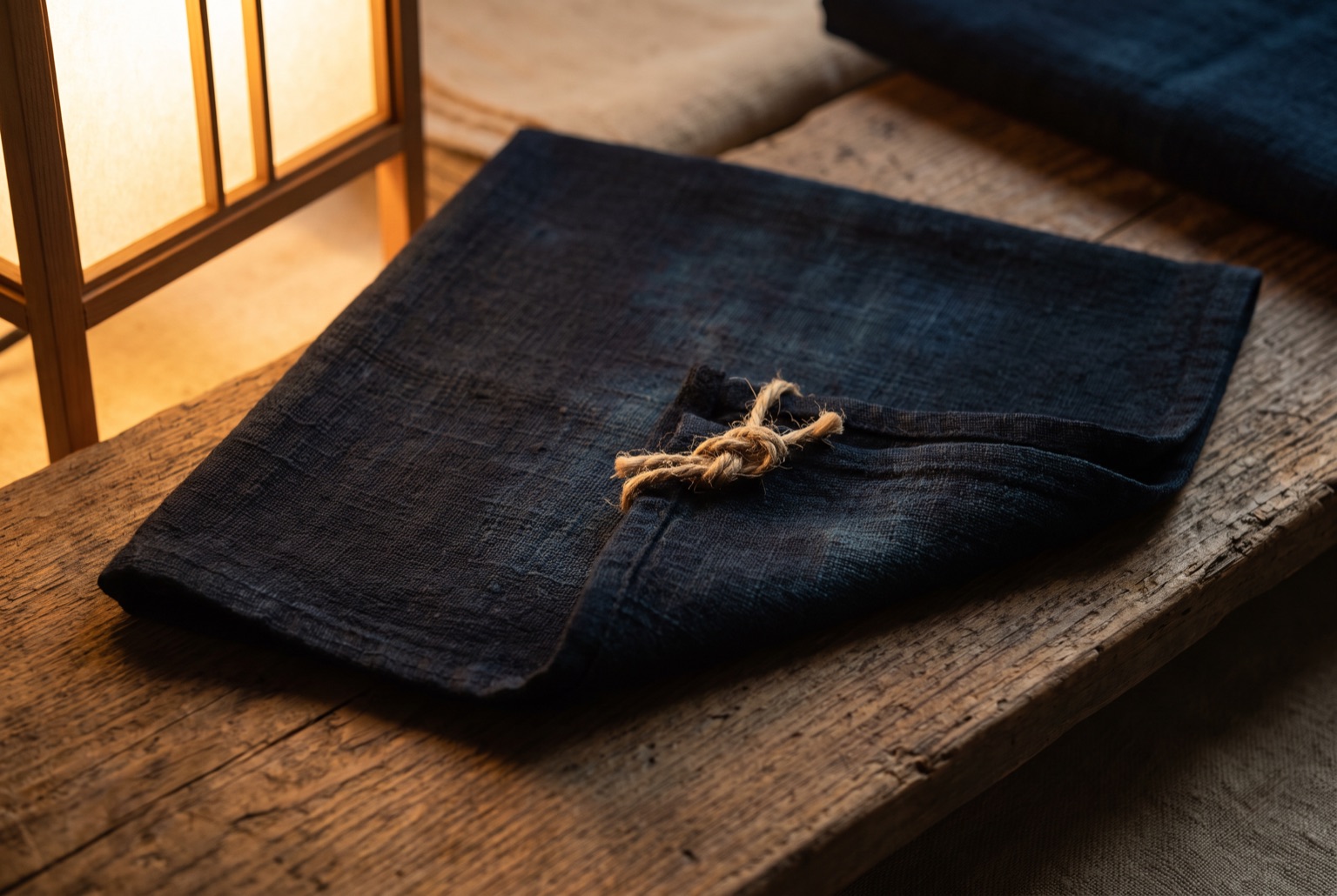 A square of deepest indigo cloth folded on a worn wooden board, one corner turned over, a hemp cord knot half drawn.