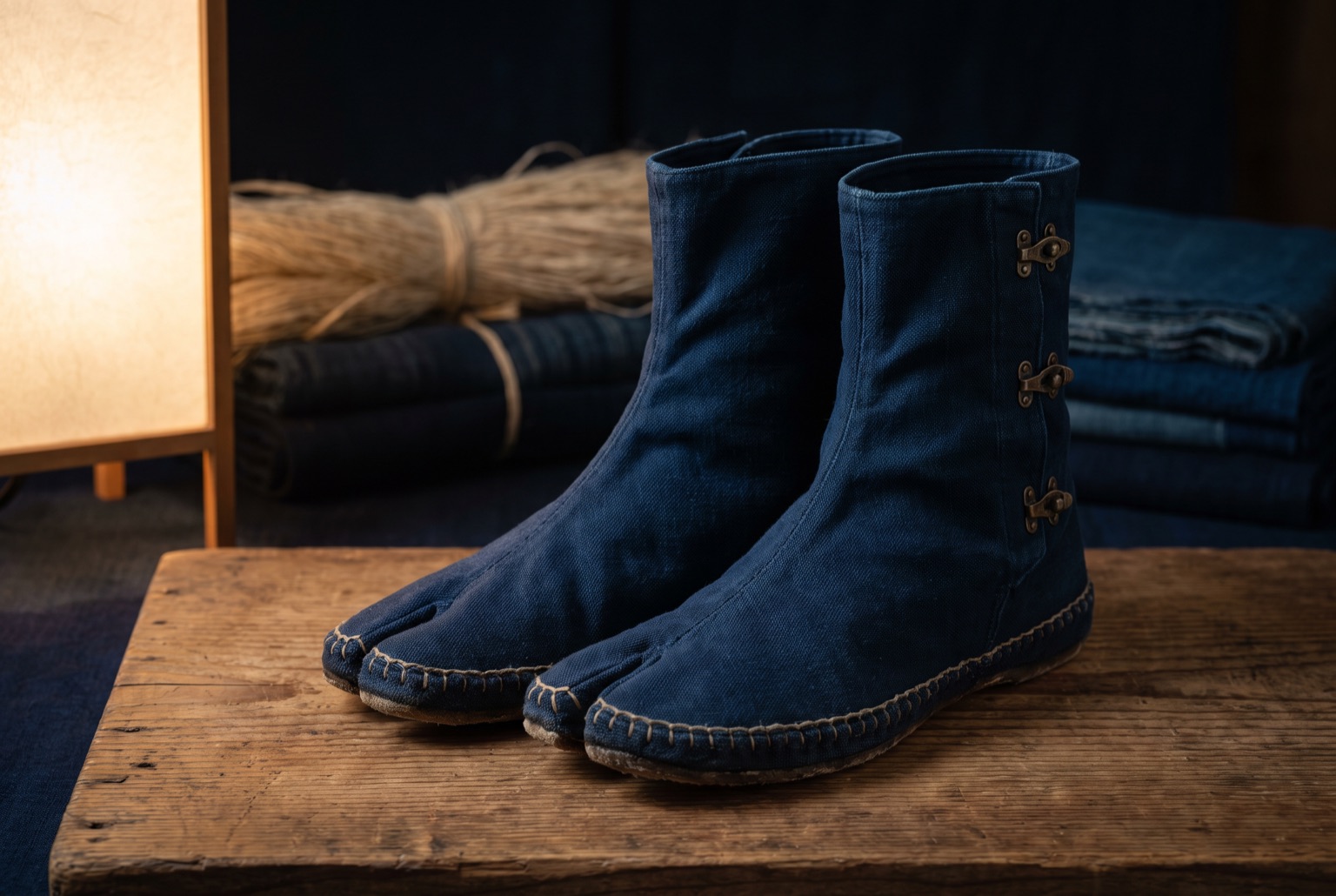 A pair of indigo split-toe cloth boots with sewn soles and metal side clasps, standing on a worn wooden board.