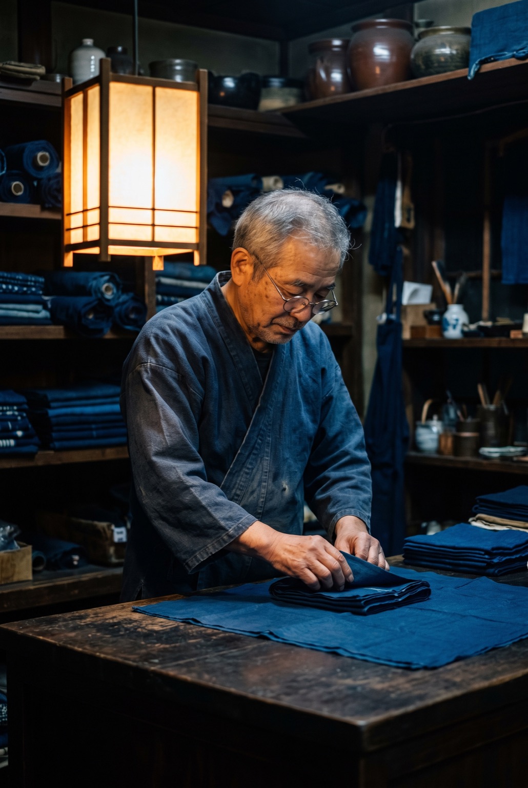 An older shopkeeper in an indigo work jacket standing at a worn counter, folding a large square of deep indigo cloth into quarters, face lit by the lantern.