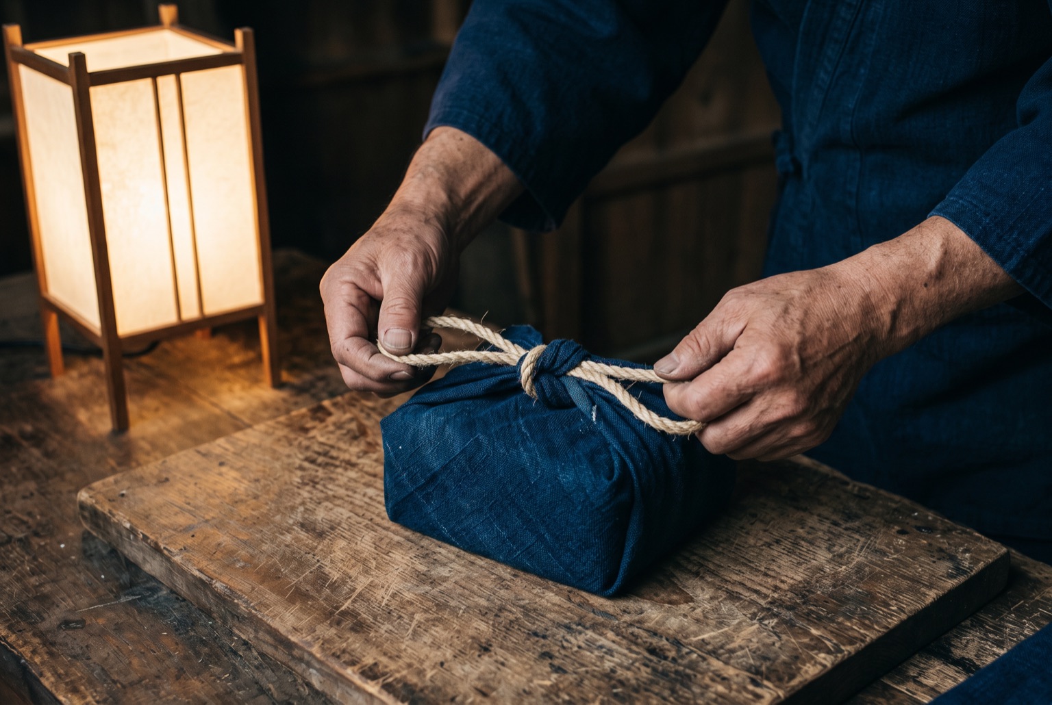 Close view of two weathered hands drawing a knot tight over a compact parcel wrapped in deep indigo cloth on a wooden board.