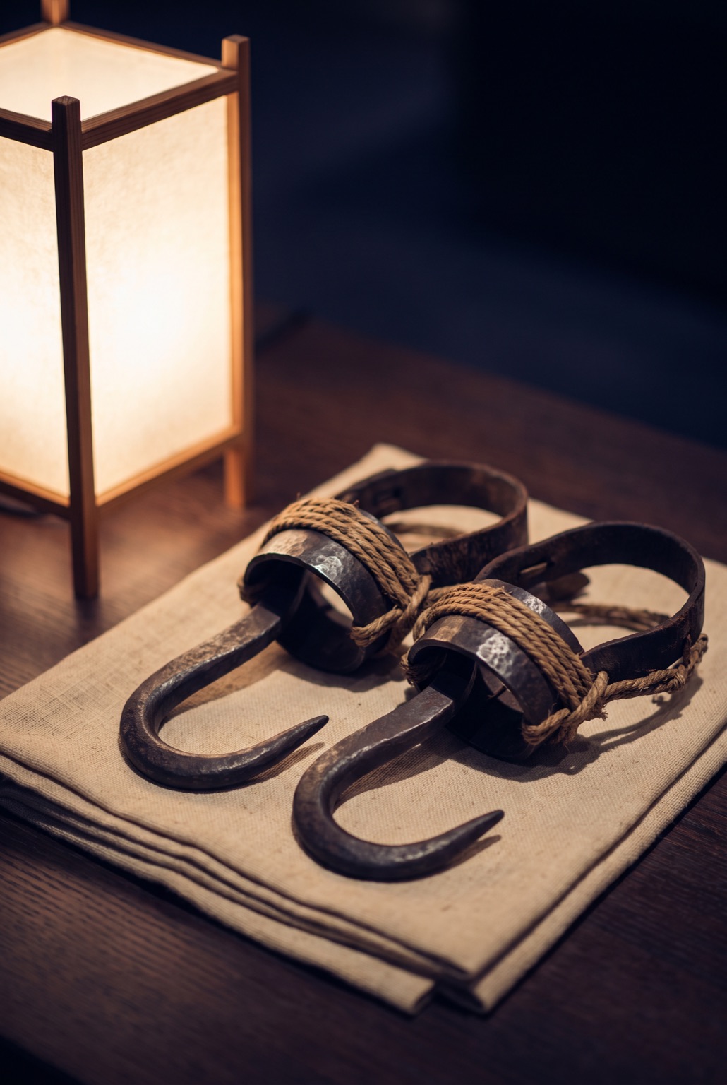 A pair of antique Japanese iron climbing hand-claws with forged hooks, iron bands and aged leather straps, on hemp cloth.