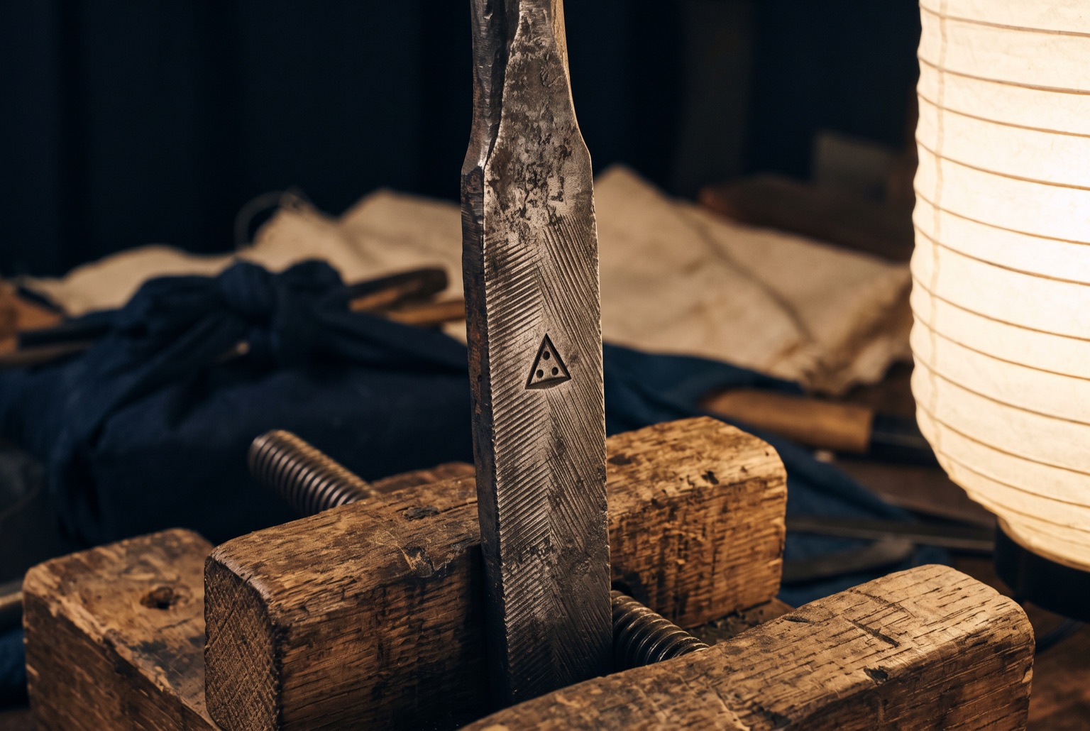 Extreme close-up of the bare iron tang of a hand-forged tool held in a wooden vise, file marks and a small chiselled punch mark visible.
