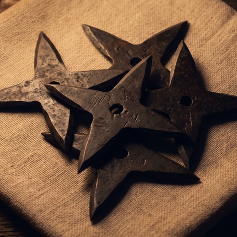 Shuriken, four-point — ten, photographed on unbleached hemp cloth.