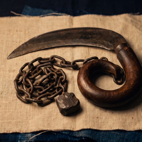 Kusarigama — sickle and three ken of chain, photographed on unbleached hemp cloth.