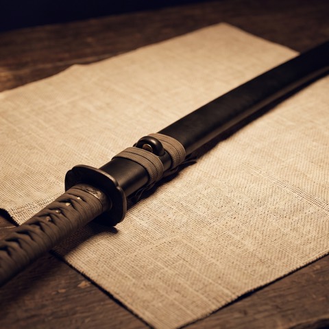 Katana — the long blade, photographed on unbleached hemp cloth.