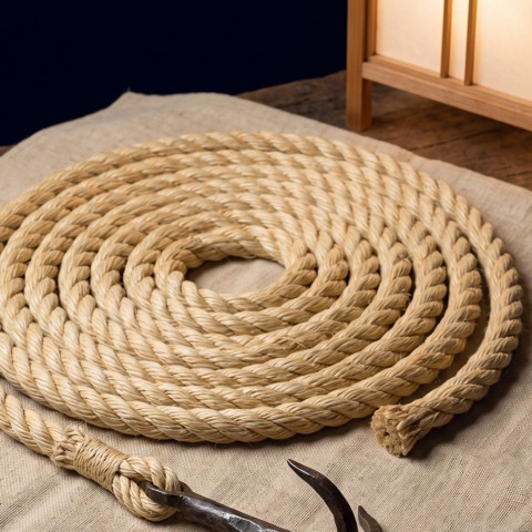 Kaginawa — grapple and twelve ken of rope, photographed on unbleached hemp cloth.