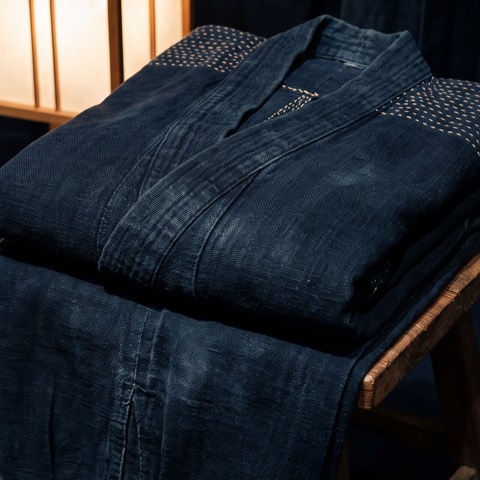 Shinobi shōzoku — jacket, trousers, hood, belt, photographed on unbleached hemp cloth.