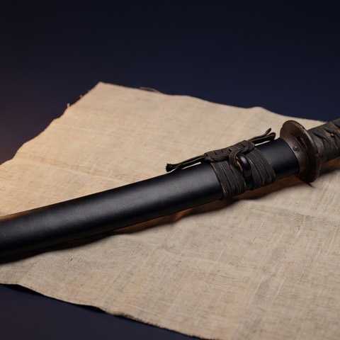 Wakizashi — the short blade, photographed on unbleached hemp cloth.